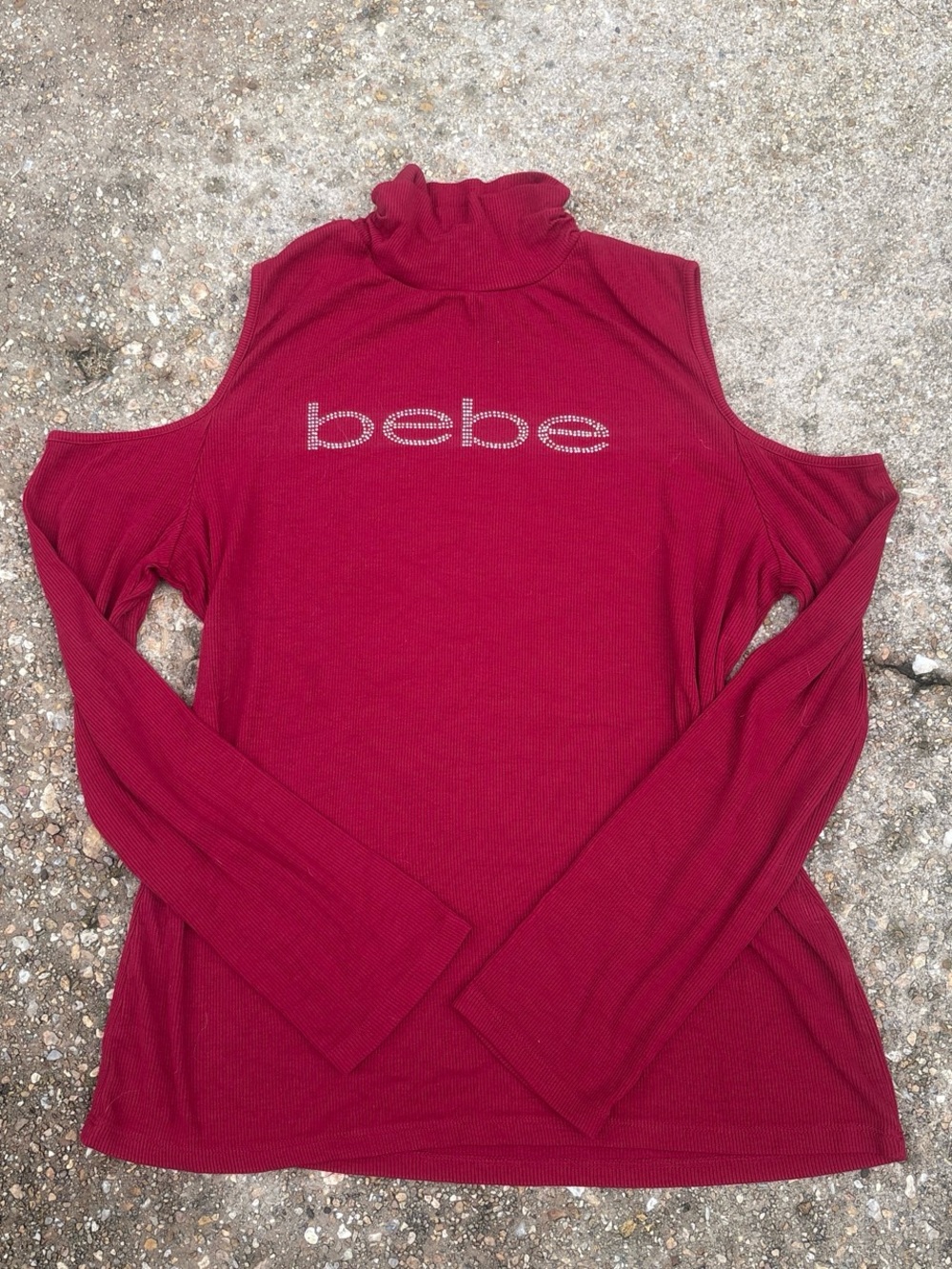 bebe Red Cold-Shoulder Ribbed Turtleneck with Rhinestone Logo